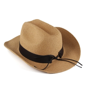 Classic straw cowboy hat with leather band and bull head decor on a white background