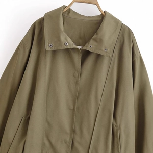 Olive green bomber jacket with vintage metal snap buttons and high-quality twill fabric