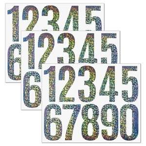 Detail of 3-inch laser holographic number stickers showing shimmering glitter texture
