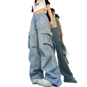 Women high waist light blue wide leg cargo pants with multi-pocket streetwear design
