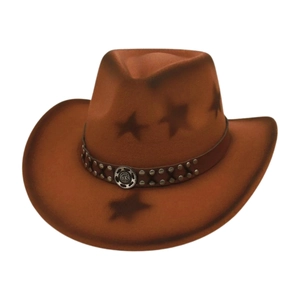 Brown western cowboy hat with star patterns and studded leather band on white background