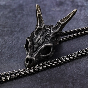 Vintage Stainless Steel Dragon Skull Bone Head Pendant Necklace Retro Punk Gothic Biker Jewelry Dark Oxidized Polished