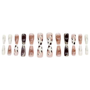 24pcs set of cow print and amber marble press-on nails with golden line accents