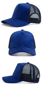 Detail der dunkelblauen Trucker-Cap aus Wildleder mit atmungsaktivem Mesh und Finish