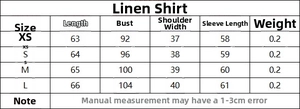 Detailed size chart for women's linen shirt and wide leg pants set with measurements