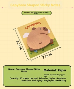 Detail showing 8.5x7.6cm Capybara sticky notes with 30 sheets in OPP packaging