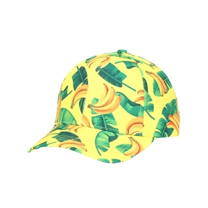 Tropical fruit print baseball cap with yellow base and green leaf patterns on white background