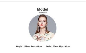 Detailed model size information with height, bust, waist, and hip measurements for reference