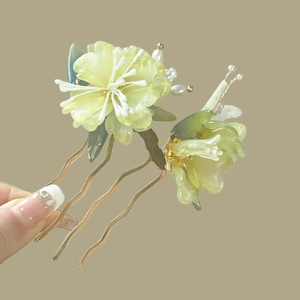 Chinese style green peony hair comb with silk flowers and pearls for Hanfu accessories