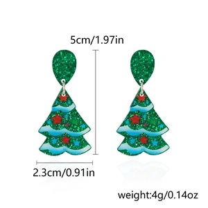 Detailed view of green glitter Christmas tree acrylic earrings with size and weight info