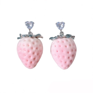 Pink strawberry drop earrings with silver heart crystal studs on white background
