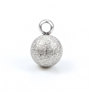 Close-up of a matte silver frosted steel sphere charm with a polished round loop