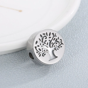 Polished stainless steel round charm with hollow Tree of Life design for DIY bracelets
