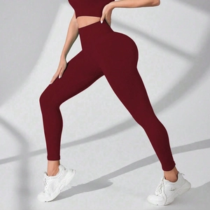 Pantalon de yoga sans couture rouge foncé à taille haute et haut assorti