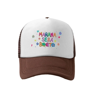 Stylish brown and white trucker hat featuring a colorful MANANA print for sun protection