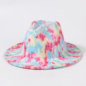 Detail shot of the vibrant tie-dye pattern on this stylish multi-color fedora hat