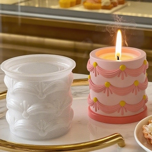 DIY cylindrical flowerpot silicone mold with embossed ribbon lace for resin storage jar