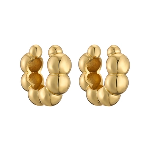 Golden polished bubble-textured C-shaped earrings with round metallic beads design