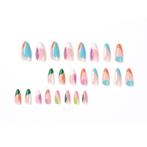 Multi-colored abstract geometric almond press-on nails set with 24 pieces on white base
