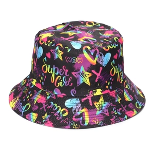 Close-up detail of colorful rainbow graffiti prints on a black cotton bucket hat