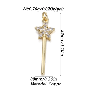 Detailed view of gold star magic wand charm with dimensions and material specs