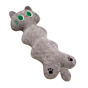 Long gray cartoon cat plush pillow with green eyes and soft fabric for home decor