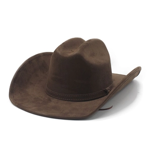 Detail of dark brown faux suede cowboy hat featuring metal rivet trim and curved brim
