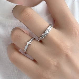 S925 sterling silver star-themed couple rings with braided texture and micro-inlaid diamonds