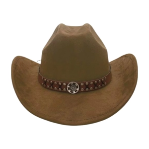 Detailed view of brown Western cowboy hat with leather band and vintage metal rivets