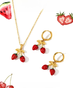 Détail de la parure collier et boucles d'oreilles fraise dorée sur des illustrations