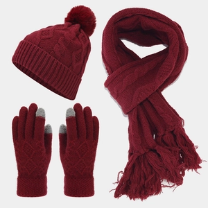Detail view of burgundy knitted set featuring pom-pom hat, scarf, and touchscreen gloves
