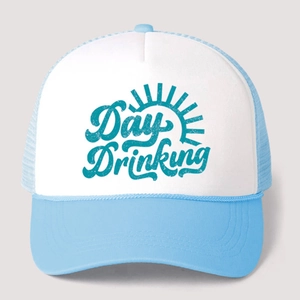 Detail of Day Drinking printed foam trucker hat with blue mesh and vintage sun graphic
