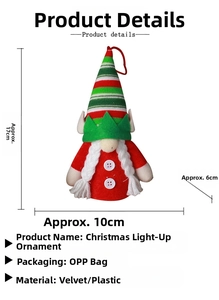 Close-up of glowing Christmas gnome ornament with 17x10x6cm size markings and dimensions