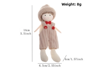 Detailed size view of handmade knit Christmas doll ornament with height 14cm and weight 8g