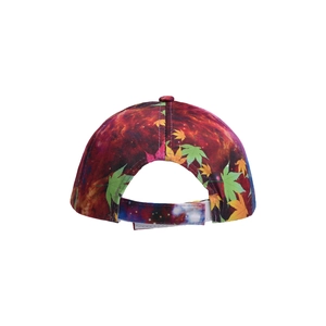 Detail of adjustable velcro closure on colorful maple leaf print baseball cap