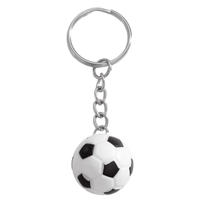 Detail of classic black and white soccer ball keychain with textured surface and silver chain