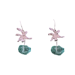 Floral geometric resin pendant earrings with green crystal drop on silver hooks