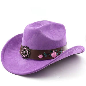 Detail of purple faux suede cowboy hat with floral embroidery and turquoise accent
