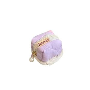 Purple quilted square case for AirPods with pearl pendant and zip closure