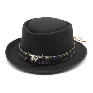 Black wool felt western cowboy hat with ethnic woven band and silver bull head emblem