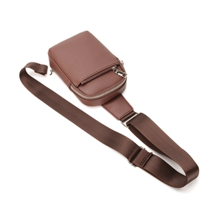 Brown litchi texture leather chest bag for men with silver zippers and nylon strap