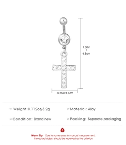 Detailed view of silver heart cross belly ring with dimensions and alloy material info