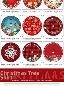 Detailed grid of festive Christmas tree skirts in red and green patterns and classic designs