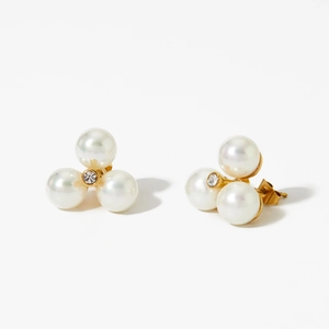 Elegant gold flower pearl earrings with three white pearls and center crystal stones