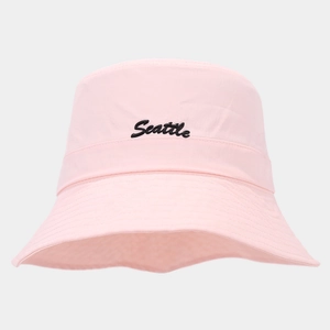 Close-up of Seattle cursive embroidery on a pink foldable quick-dry sun bucket hat