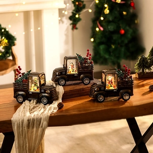 Christmas Snow Globe Vintage Truck Decoration With LED Light Swirling Glitter Music Box Resin Plastic Desktop Holiday Gift