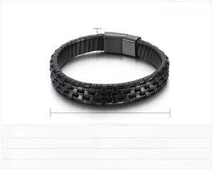 Detail showing woven black leather bracelet measurements of 210mm length and 12mm width