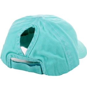 Detailed back view of a mint green cotton ponytail baseball cap with adjustable strap