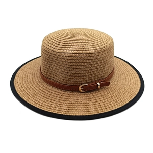 Chapeau De Paille Canotier Bord Plat Protection Solaire Plage Vacances Été Mode Femmes Avec Ceinture Cuir Boucle Métal
