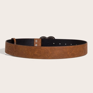 Brown leather belt featuring vintage embossed Paisley floral patterns and pin buckle